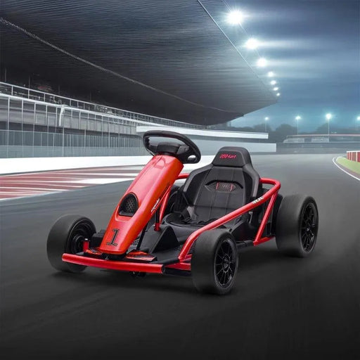 Red 24V kids electric drift go-kart on a racetrack under stadium lights