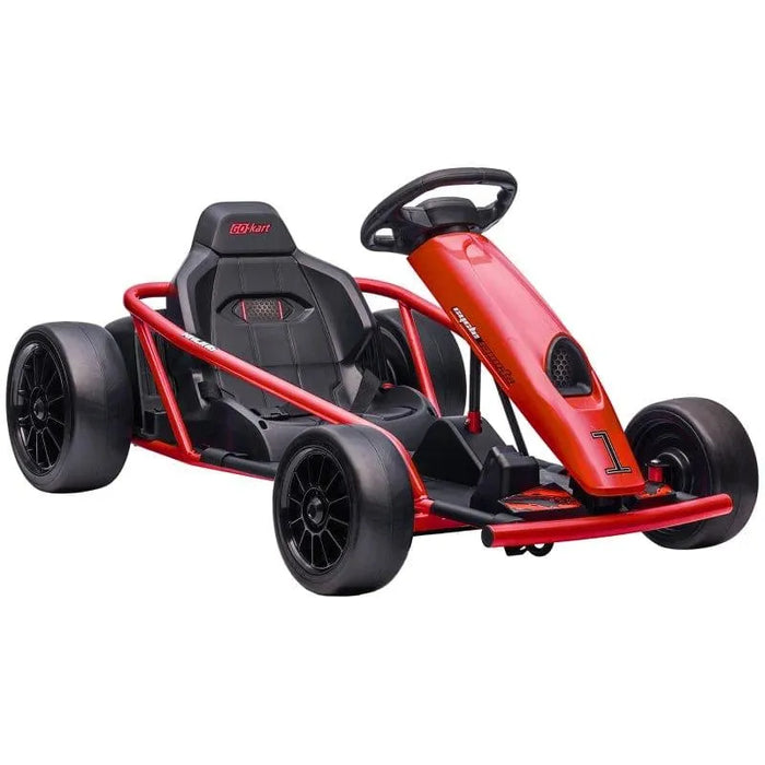 Red 24V kids electric drift go-kart with black seat, dual drive, sleek sport design