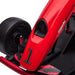 Close-up of red kids electric drift go-kart front wheel and number 1 decal