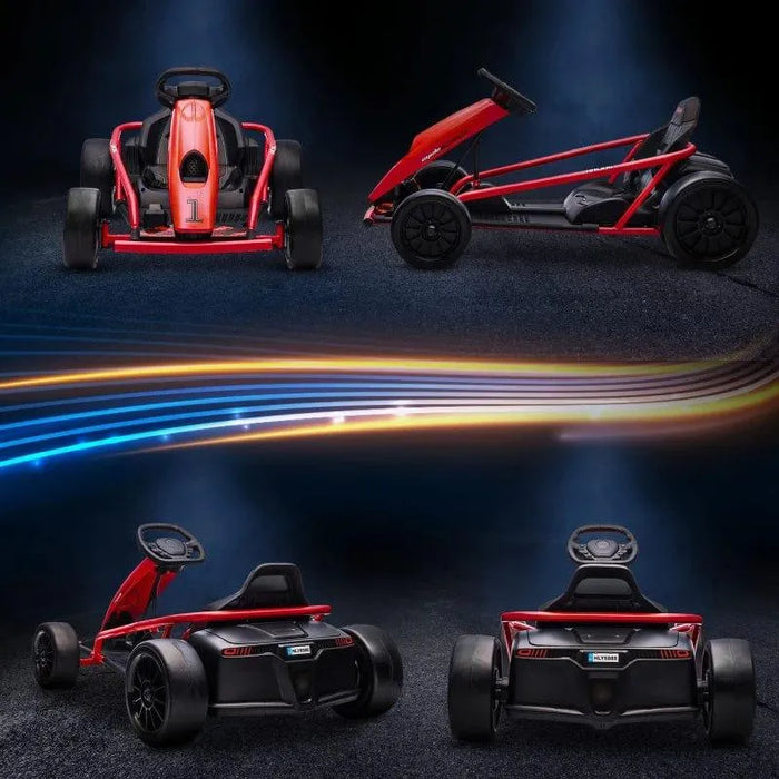 24V kids electric red drift go kart with dual drive, shown from multiple angles on dark background