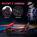 Red 24V kids electric drift go kart with backrest, safety belt, and child in sunglasses