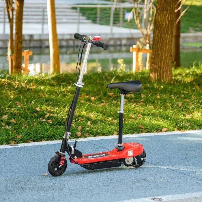 Red 24V kids ride-on electric scooter with seat, handbrake, and bell on a park path