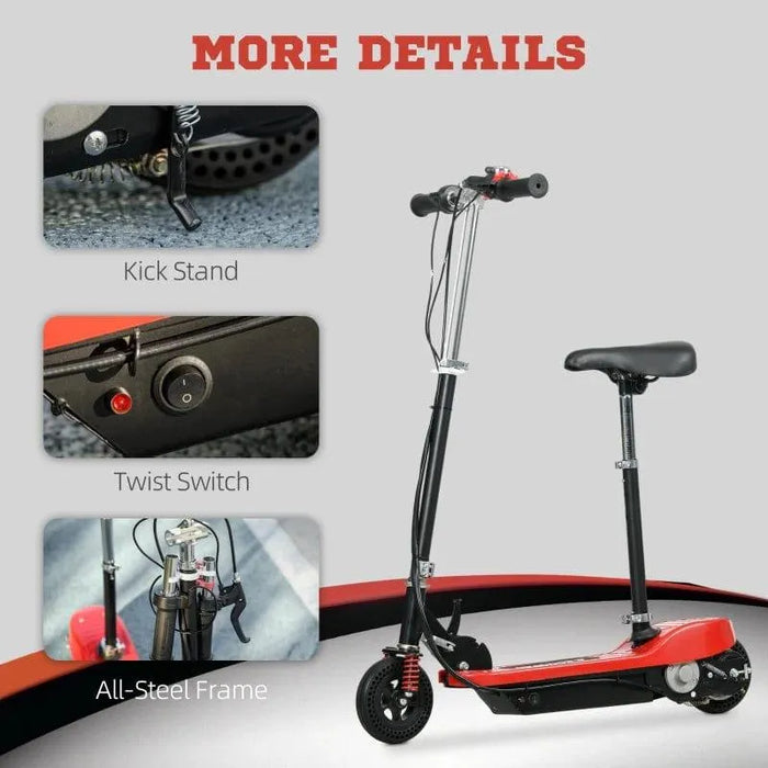 Red kids 24V ride-on electric scooter with seat, handbrake, kick stand, and all-steel frame.