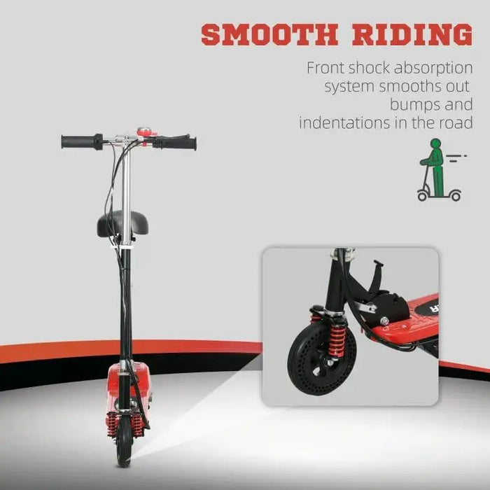 Red 24V kids ride-on electric scooter with bell, handbrake, and front shock absorption.