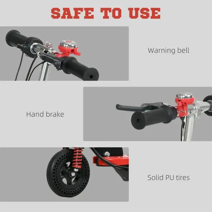 Kids red ride-on scooter with handbrake, warning bell, and solid PU tires features