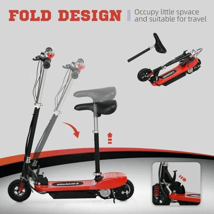Red 24V kids ride on powered scooter with foldable design, seat, bell, and handbrake.