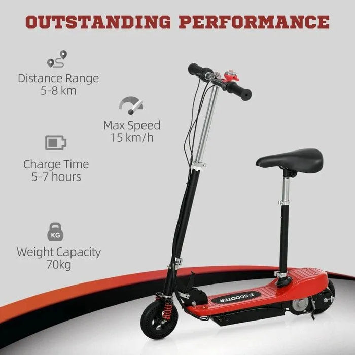 Red 24V kids ride-on electric scooter with seat, handbrake, bell, specs highlighted.