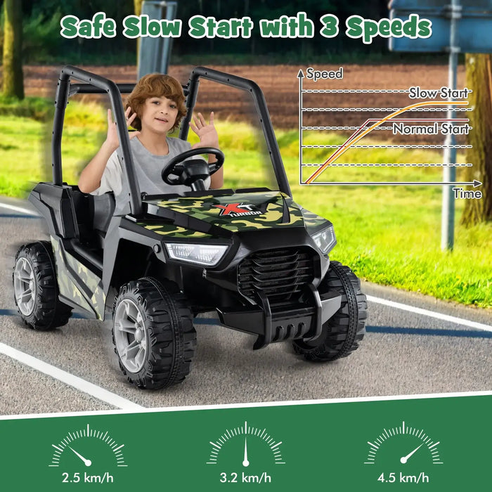 Child driving camo electric ride-on car with 3 adjustable speeds and safe slow start feature