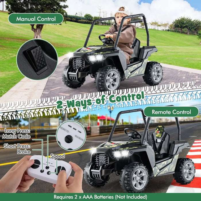 Kids ride-on car with 3 adjustable speeds, camouflage design, manual and remote control options