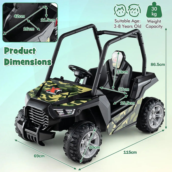 Kids ride-on car in camouflage design with detailed product dimensions and weight capacity info