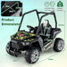 Kids ride-on car in camouflage design with detailed product dimensions and weight capacity info