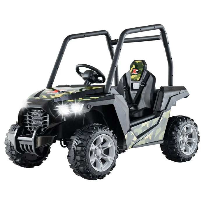 Kids ride-on car with camouflage design, 3 adjustable speeds, 24V battery, and off-road tires