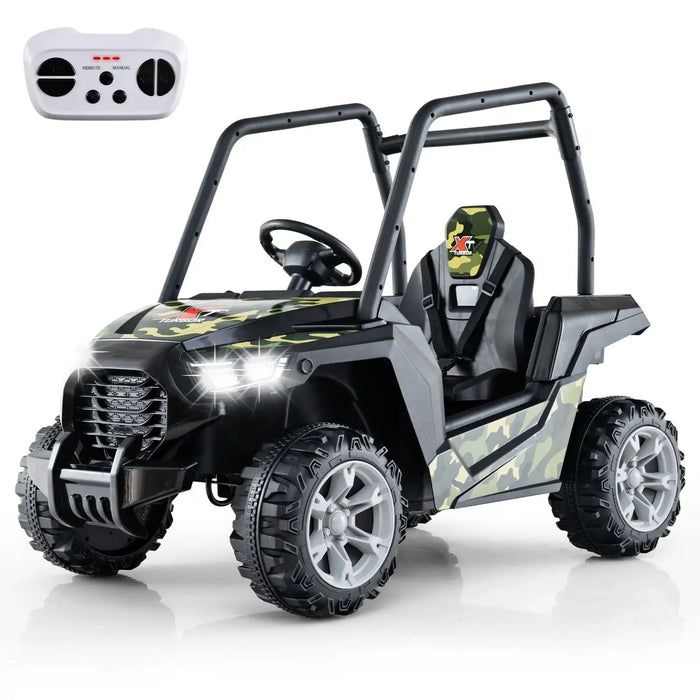 Camouflage kids ride-on car with 3 adjustable speeds, 24V battery, and remote control