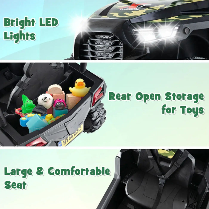 Kids ride-on car with bright LED lights, rear open storage for toys, and large comfortable seat