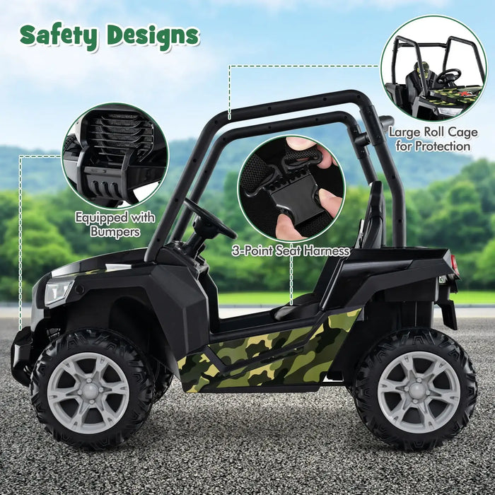 Kids ride-on car with camouflage design, large roll cage, 3-point seat harness, and bumpers