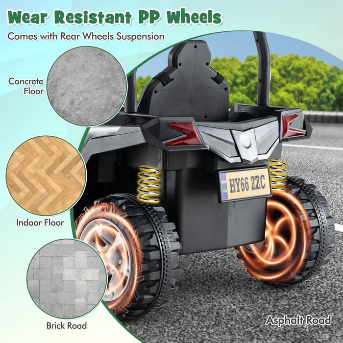 Rear view of a black kids ride-on car with wear resistant PP wheels and rear suspension on asphalt road