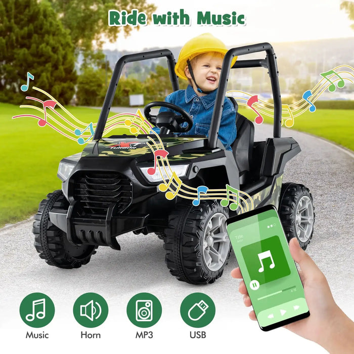 Child wearing yellow helmet riding black camouflage electric toy car on road with music notes