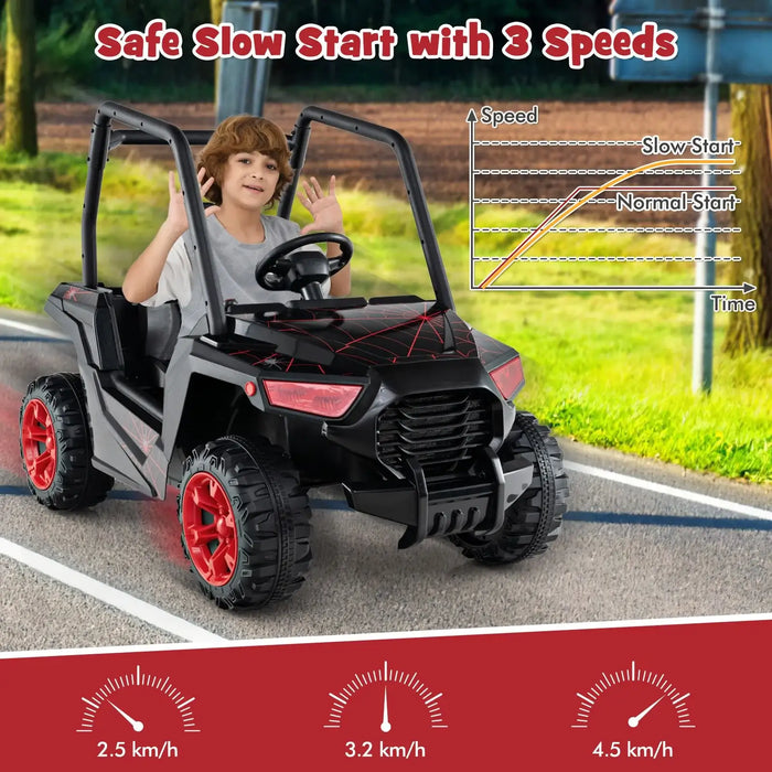 Child riding black and red electric toy car with 3 adjustable speeds and safe slow start feature