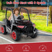 Child riding black and red electric toy car with 3 adjustable speeds and safe slow start feature