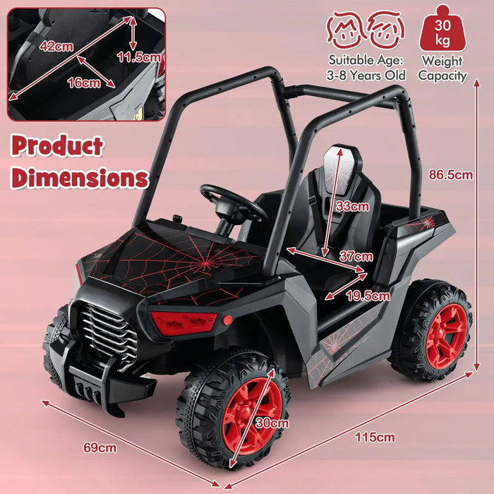 Black and red kids electric ride-on car with spider web design, adjustable seat, 3-8 years, 30kg capacity