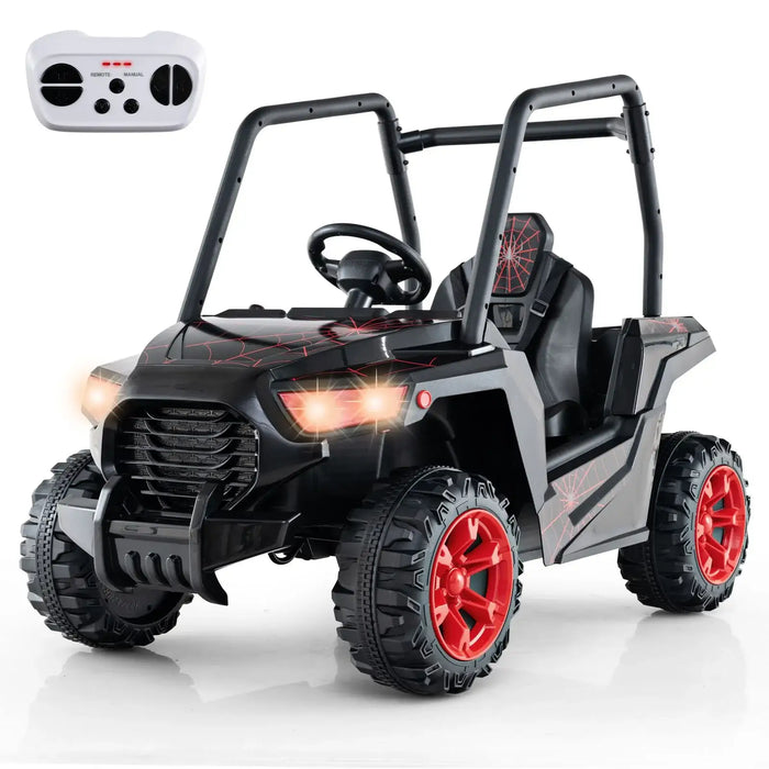 Black kids ride-on car with red spider web design, 3 adjustable speeds, 24V battery, large tires