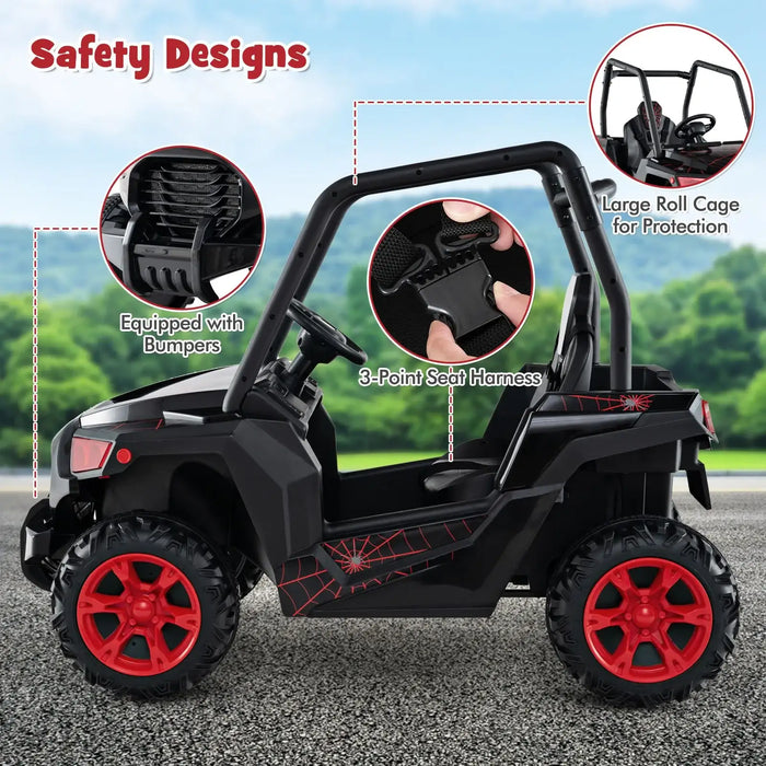 Black kids ride-on car with red wheels featuring 3-point seat harness, bumpers, and roll cage