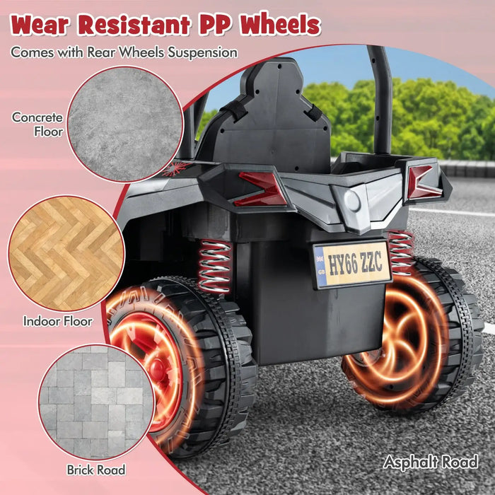 Back view of kids ride-on car with rear suspension and wear resistant PP wheels for various floor types