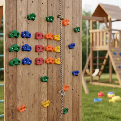 Wooden outdoor kids' climbing wall with colorful handholds and rope near playground set with swings
