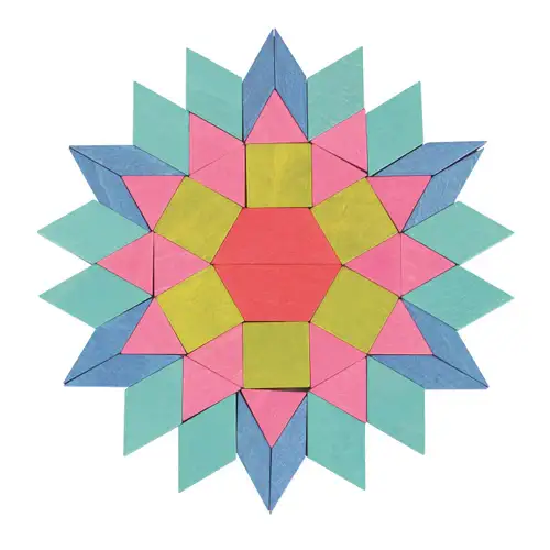 Colorful wooden mosaic blocks arranged in a star pattern, educational toy for children