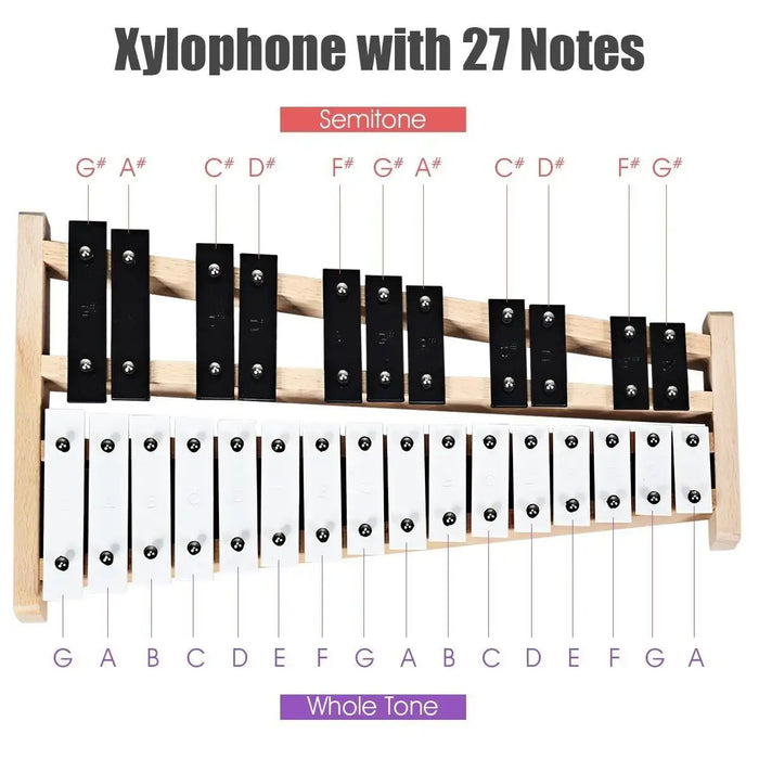 Xylophone with 27 notes showing white whole tone keys and black semitone keys on wooden frame