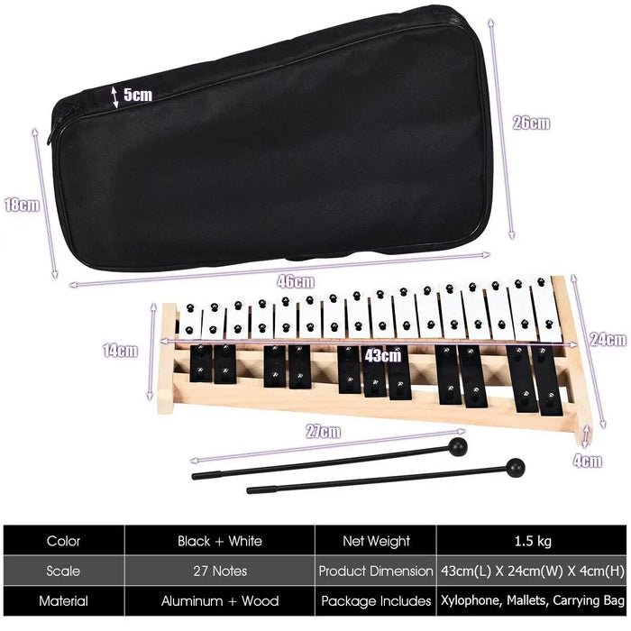27-note black and white aluminum and wood xylophone with mallets and black carrying bag