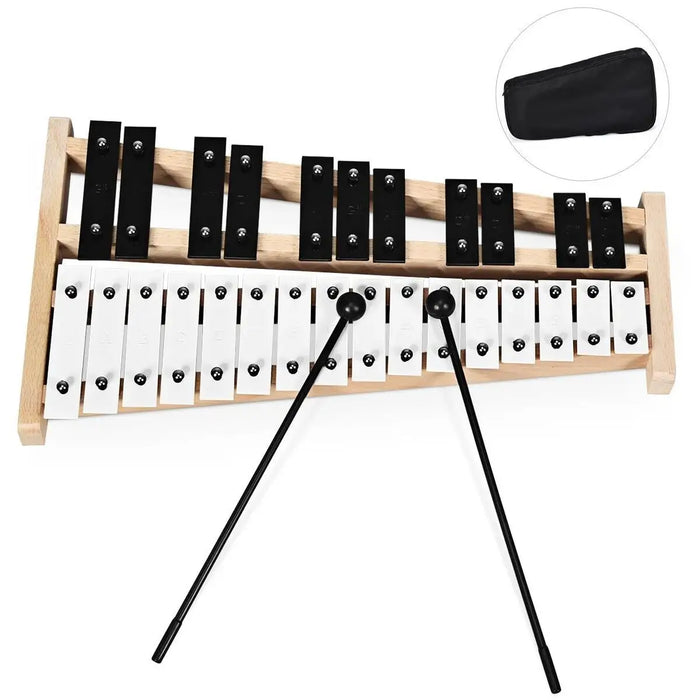 27-note wooden glockenspiel xylophone with black and white metal bars and two black mallets, includes black carrying case