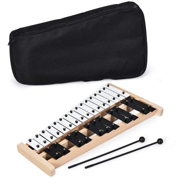 27-note glockenspiel xylophone with black and white metal bars, wooden frame, two mallets, and black carrying case