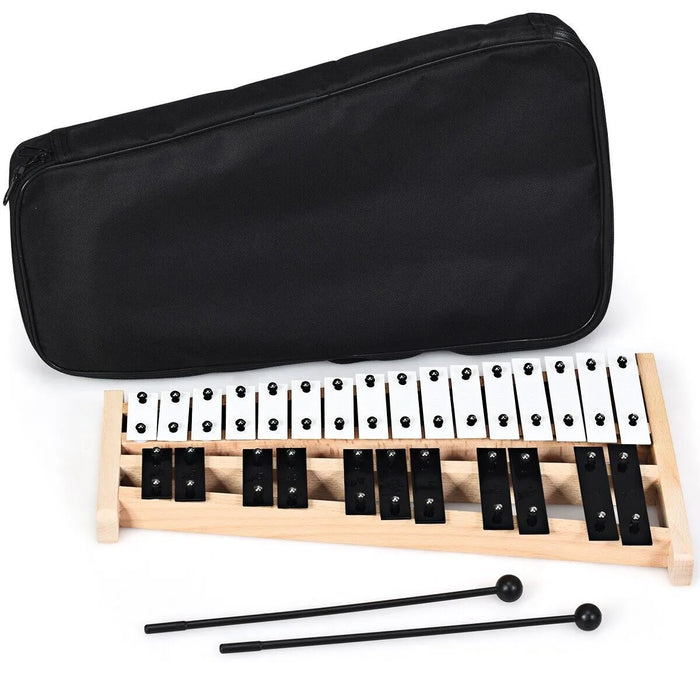 27-note glockenspiel xylophone with black and white metal bars, wooden frame, two mallets, and black carrying case