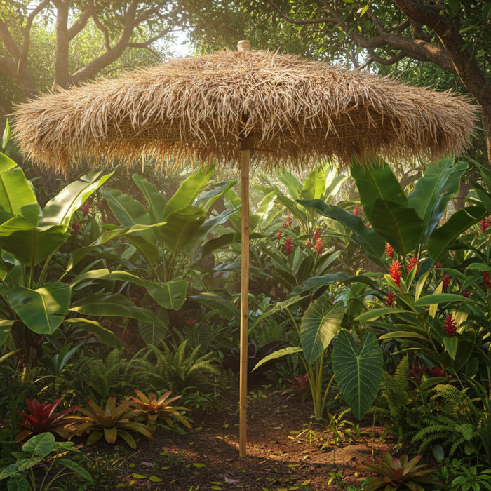 Tropical banana leaf garden parasol with bamboo pole and hand-woven straw roof outdoors