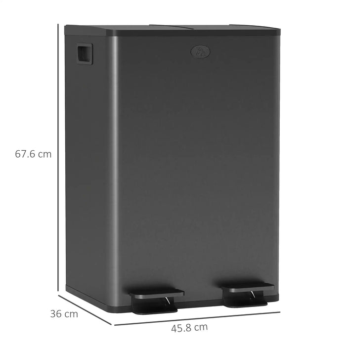 Black rectangular trash bin with dimensions indicated on a white background