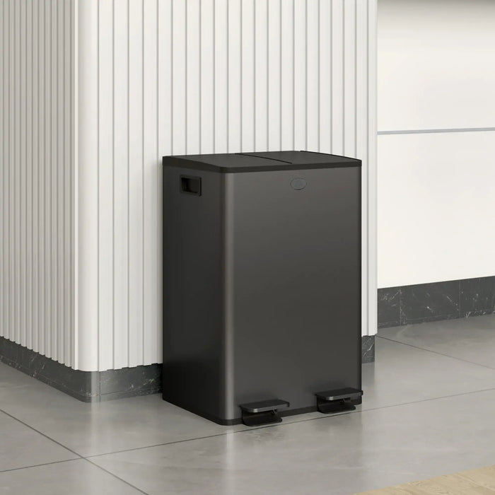 Black trash bin against a white wall with horizontal lines