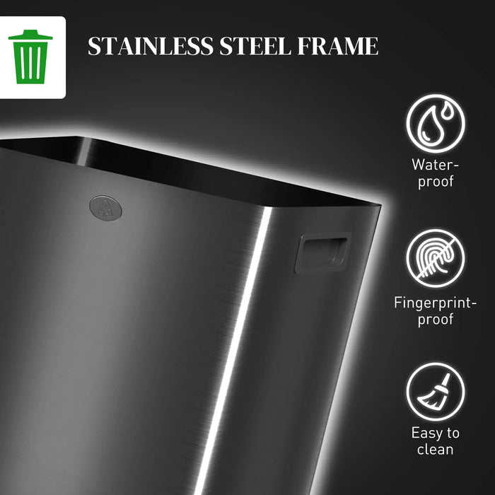Stainless steel frame with features listed on a black background