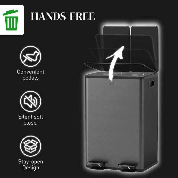 Hands-free trash can with features listed on a black background