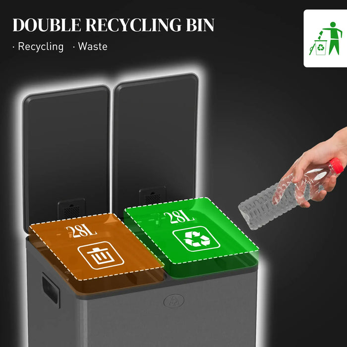 Double recycling bin with labels for recycling and waste, hand holding a bottle.