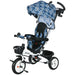 Children's tricycle with blue geometric patterned canopy on a white background