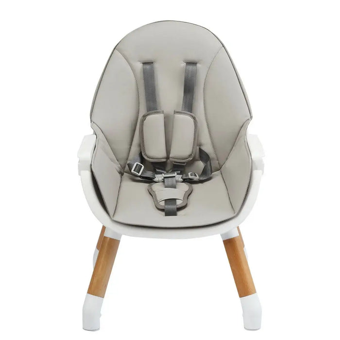 Baby high chair with gray cushion and wooden legs on a white background