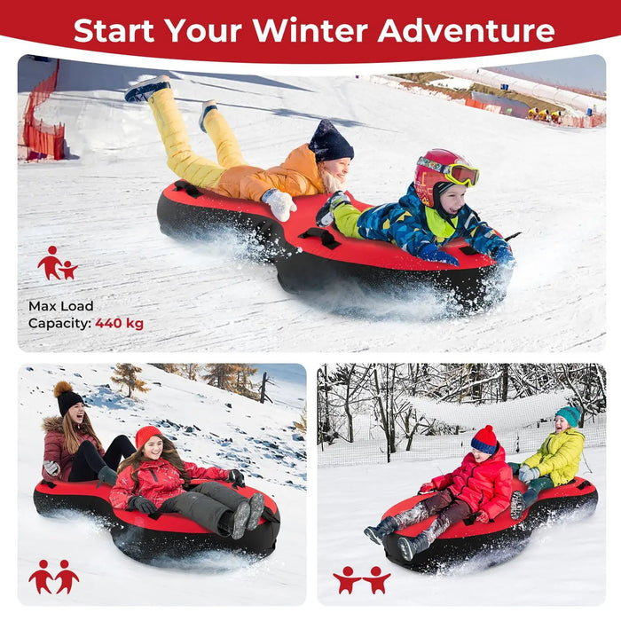 Kids and adults riding red and black inflatable snow tubes on snowy hills for winter fun