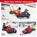 Kids and adults riding red and black inflatable snow tubes on snowy hills for winter fun
