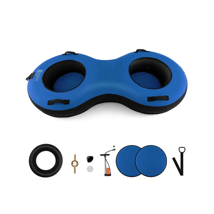 Blue and black 2-person inflatable snow tube with handles and included pump, repair kit, and round seat covers