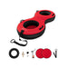 Red and black inflatable two-person snow tube with handles and included accessories on white background