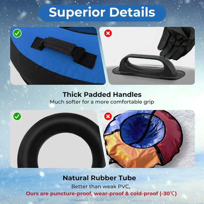 Comparison of snow tube handles and rubber tubes showing thick padded handles and natural rubber tube advantages