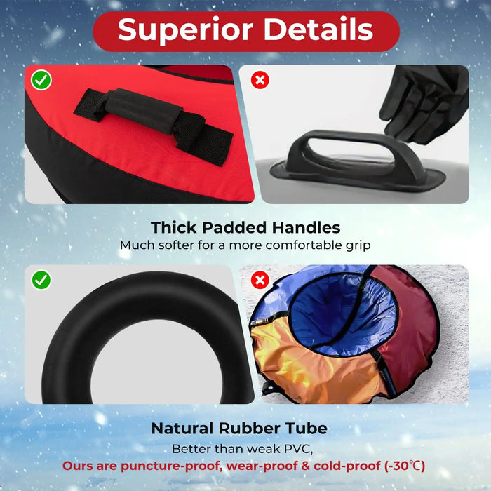 Close-up of superior snow tube details showing thick padded handles and puncture-proof natural rubber tube