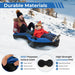 Two people sledding down a snowy hill on a durable blue and black inflatable snow tube for adults and kids