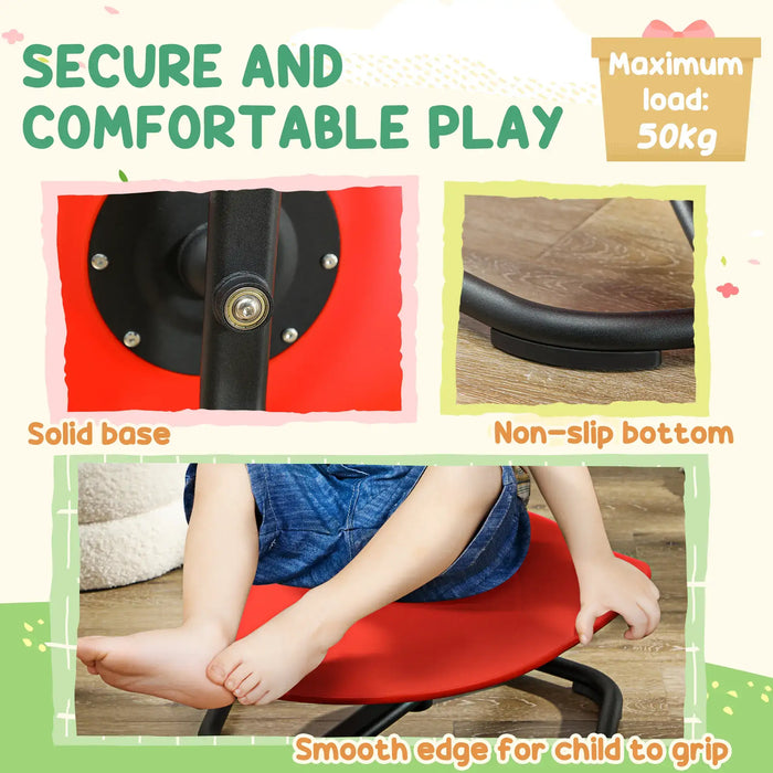 Red balance board with text highlighting features like solid base, non-slip bottom, and smooth edge for child to grip.